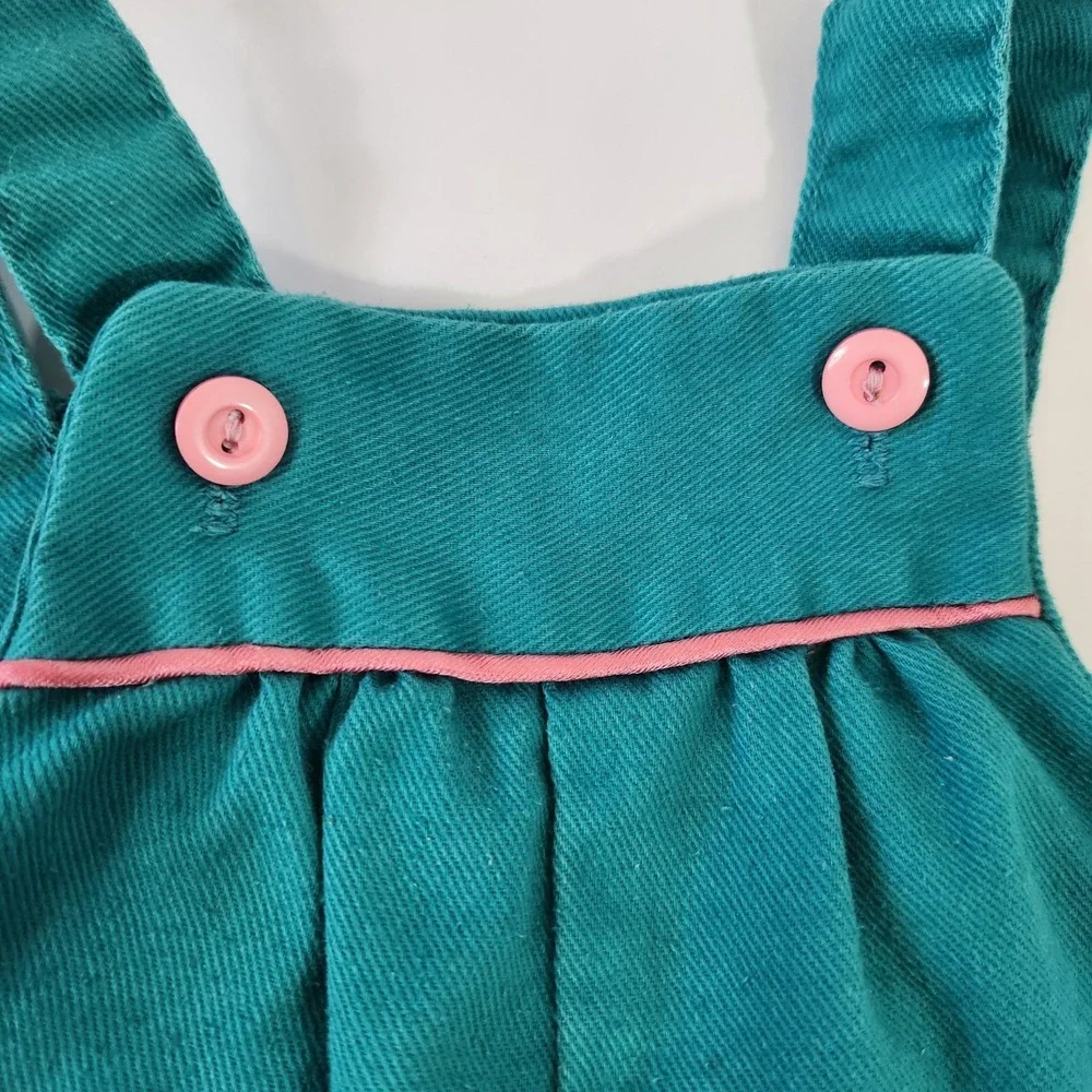 Vintage 80s Krazy Kritters Overalls Girls Size 2 Dinosaur Applique Teal Pink USA